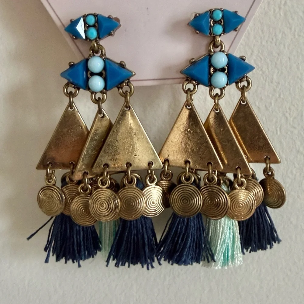 Astral by Charlie Paige Gypsy Blues Boho Tassel Earrings Gold Blue Turquoise